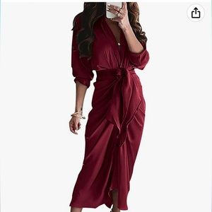 Women's Long Sleeve Lapel V Neck Button Down Satin Maxi Shirt Dress w/ Belt Lg